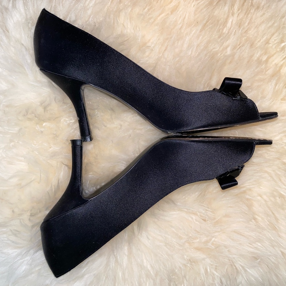 Stuart Weitzman Black Satin Peep-Toe Heels with Bow